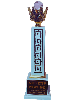 The NECTF 2022 onsite trophy: a crown above a tall maze column on a stepped base